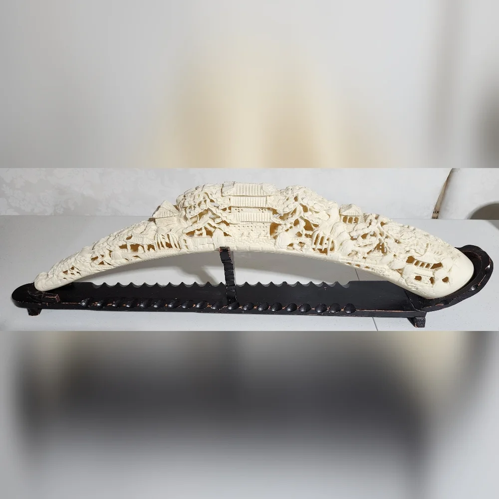 Vintage 31" Chinese Faux Ivory Carved Tusk Landscape Pagodas Mid-Century - Picture 5 of 16
